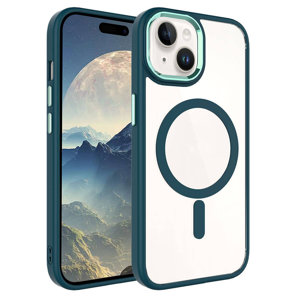 Apple iPhone 15 Kılıf Wireless Şarj Özellikli Zore Krom M-safe Silikon Kapak Koyu Yeşil