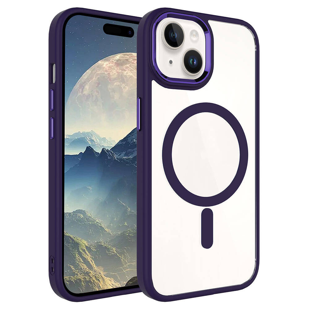 Apple iPhone 15 Kılıf Wireless Şarj Özellikli Zore Krom M-safe Silikon Kapak Derin Mor