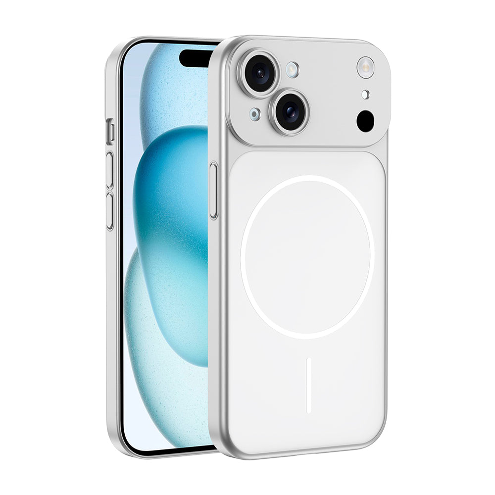 Apple iPhone 15 Kılıf Zore M-Safe Şarj Özellikli Kamera Korumalı Spark Kapak Gümüş