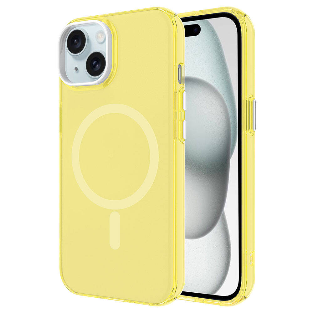 Apple iPhone 15 Kılıf Zore M-safe Şarj Özellikli Buzlu Transparan C-Pro Sert Kapak Sarı
