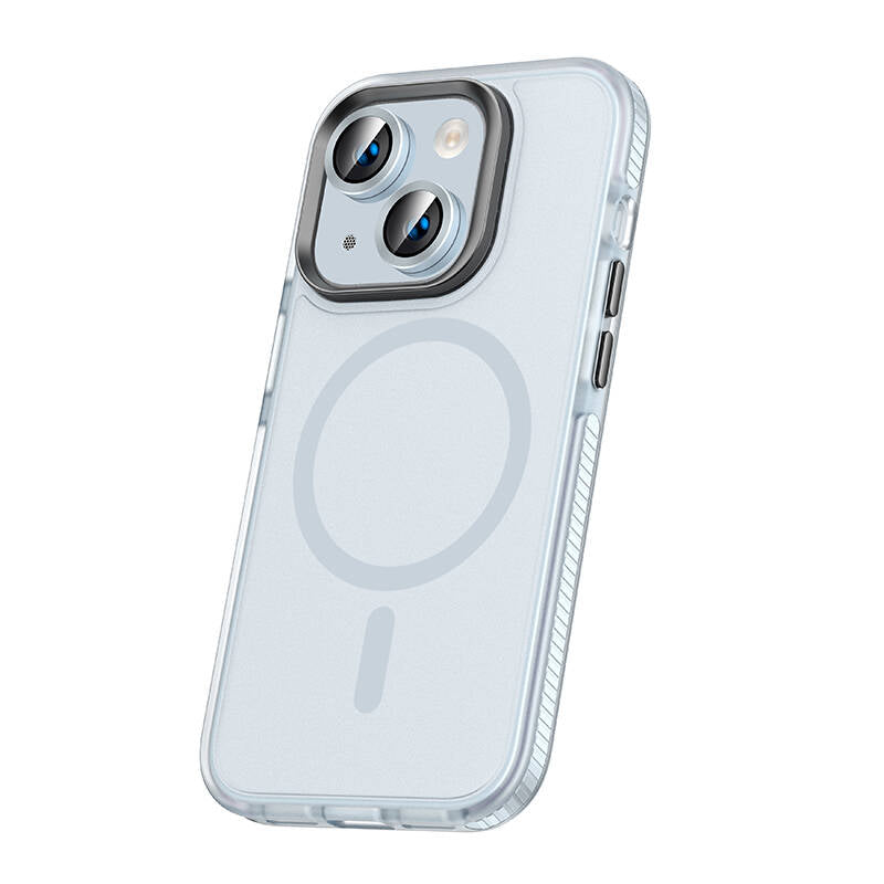 Apple iPhone 15 Plus Kılıf Airbagli M-safe Wireless Şarj Özellikli Lens Koruyuculu Zore Klaptika Kapak Mavi Açık