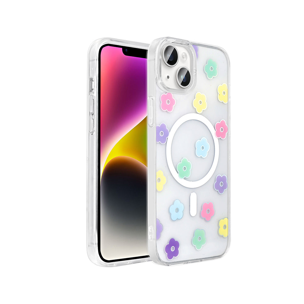 Apple iPhone 15 Plus Kılıf M-Safe Şarj Özellikli Şeffaf Zore Folk Sert Kapak Papatya