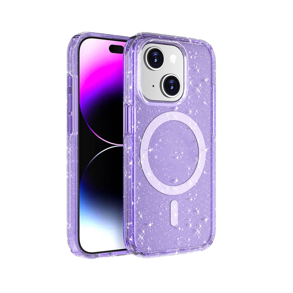 Apple iPhone 15 Plus Kılıf M-safe Şarj Özellikli Parlayan Simli Saydam Renkli Zore Allstar Kapak Mor