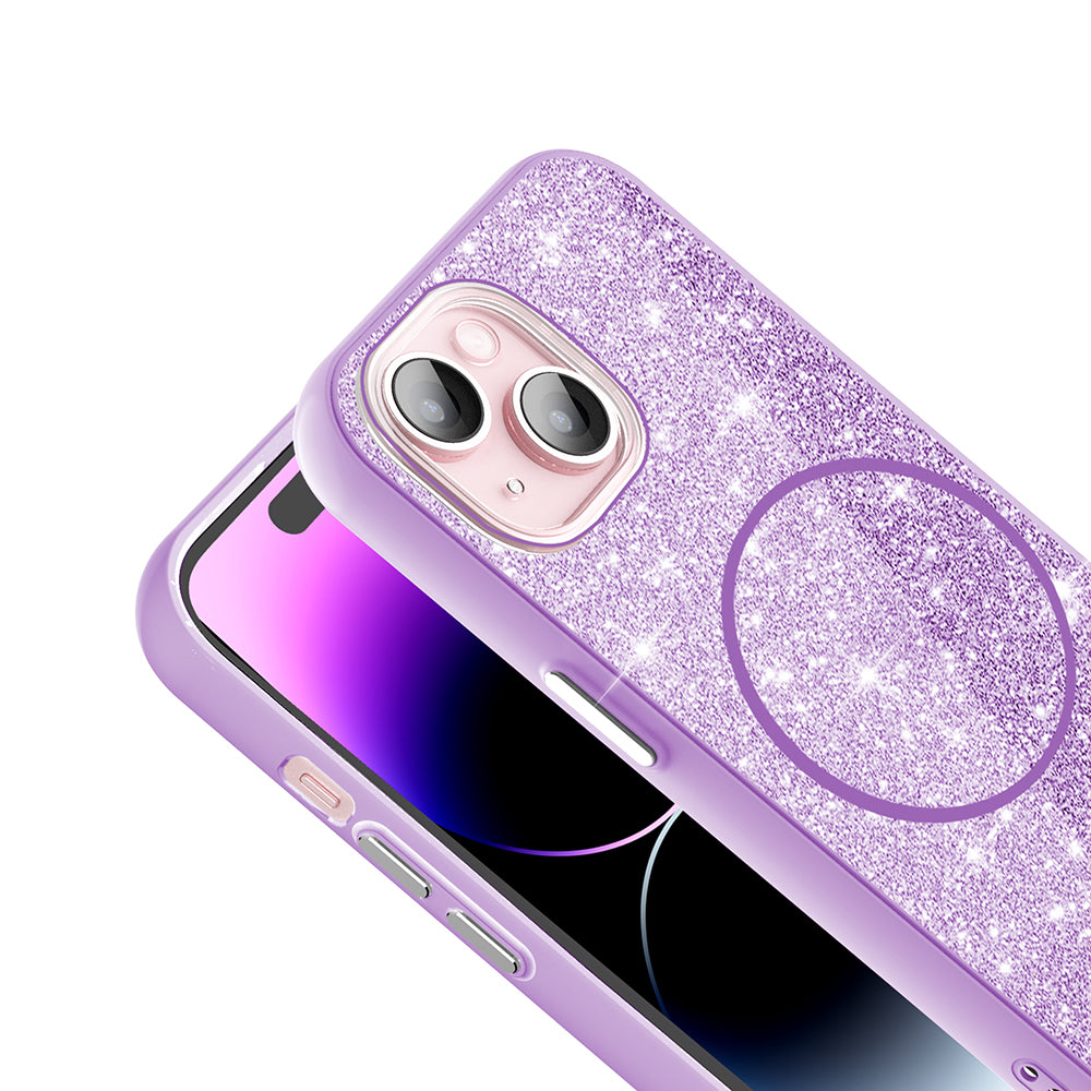 Apple iPhone 15 Plus Kılıf M-safe Şarj Özellikli Parlayan Simli Zore Okso Kapak Pembe