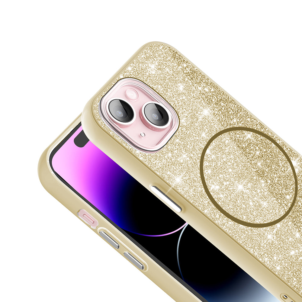 Apple iPhone 15 Plus Kılıf M-safe Şarj Özellikli Parlayan Simli Zore Okso Kapak Pembe