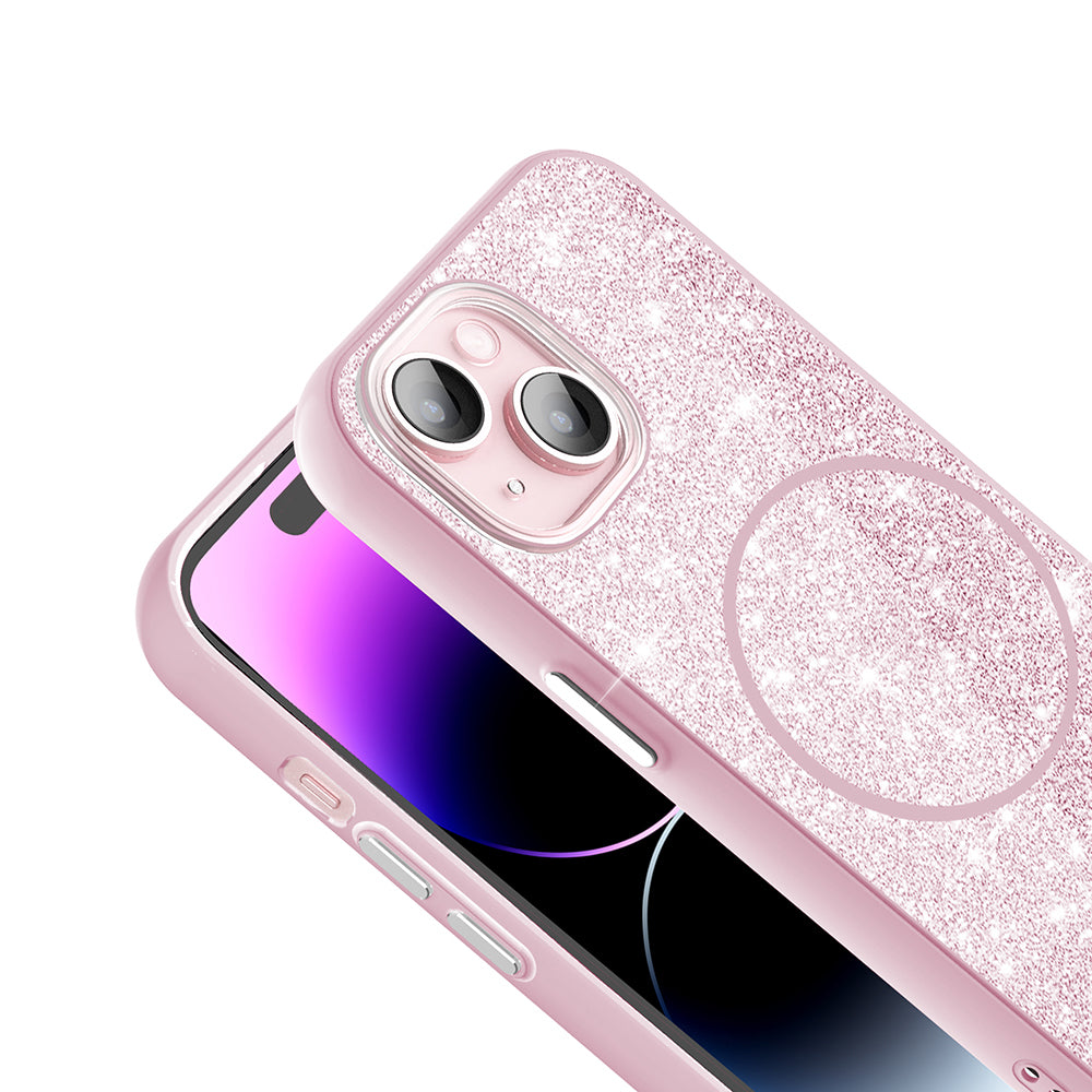 Apple iPhone 15 Plus Kılıf M-safe Şarj Özellikli Parlayan Simli Zore Okso Kapak Derin Mor