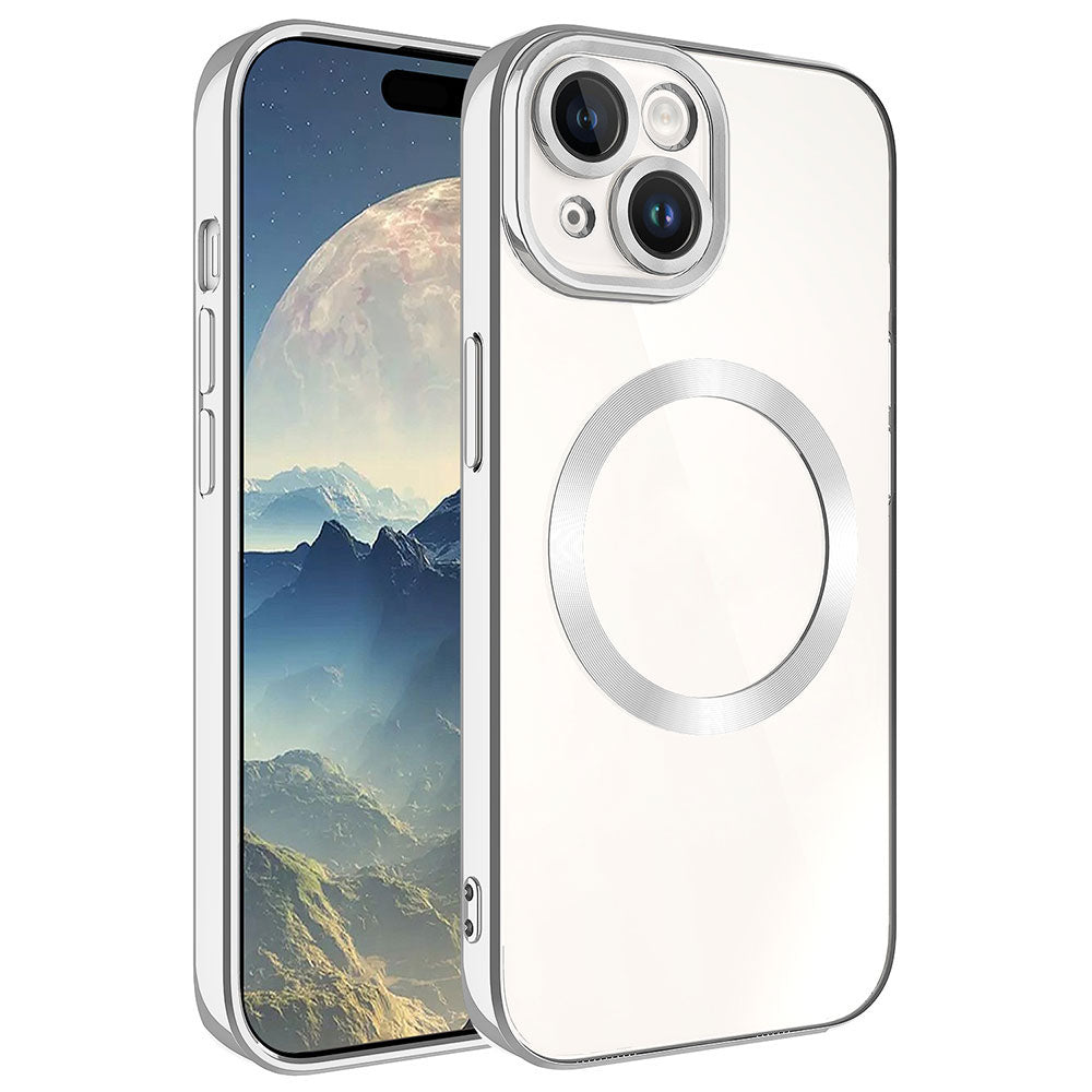 Apple iPhone 15 Plus Kılıf M-safe Wireless Şarj Özellikli Zore Setro Silikon Gümüş