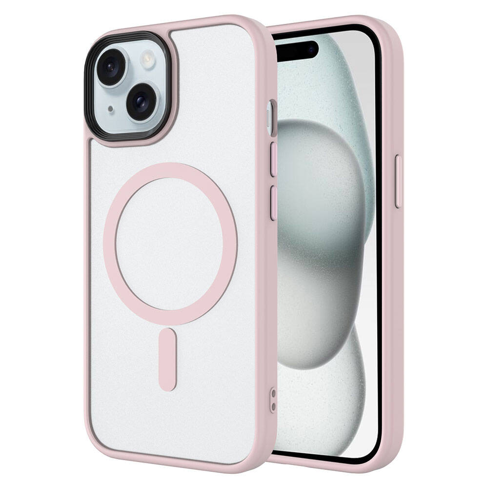 Apple iPhone 15 Plus Kılıf Mat Arka Yüzey Wireless Şarj Özellikli Zore Flet M-safe Kapak Pembe