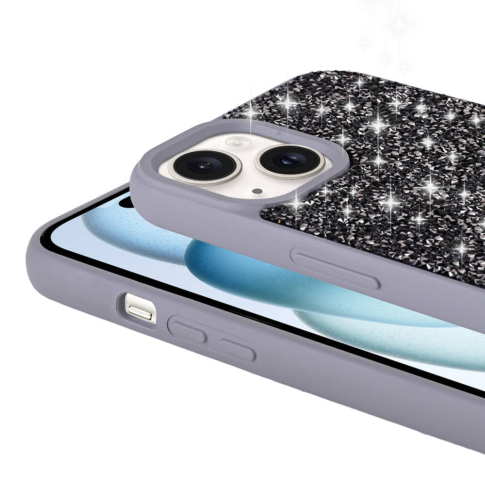 Apple iPhone 15 Plus Kılıf Parlak Taşlı Tasarım Zore Pırlanta Kapak Lila