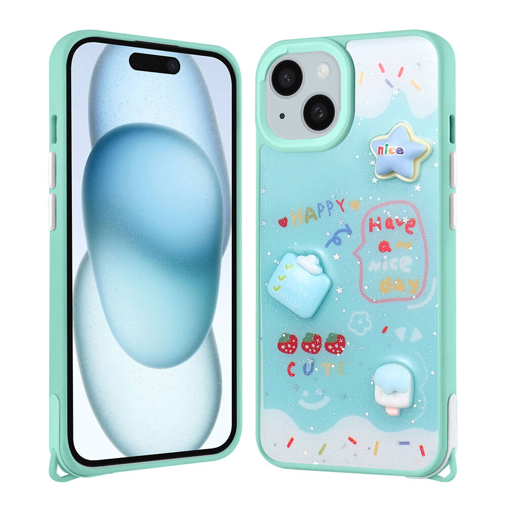 Apple iPhone 15 Plus Kılıf Parlayan Simli Kabartma Figürlü Zore Cevze Kapak Yeşil