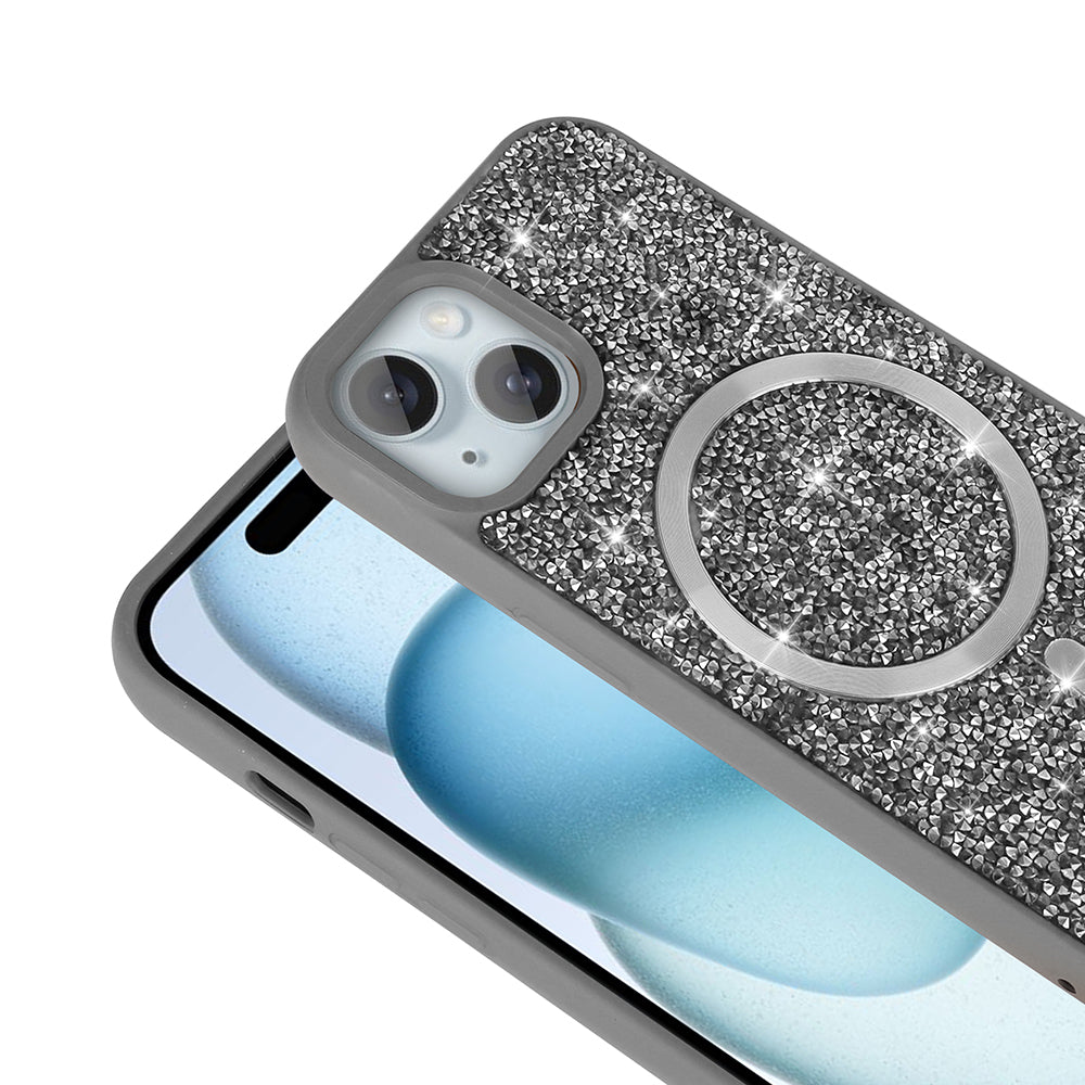 Apple iPhone 15 Plus Kılıf Pırlanta Tasarımlı M-safe Şarj Özellikli Zore Mozaik Silikon Kapak Titanyum-Gri
