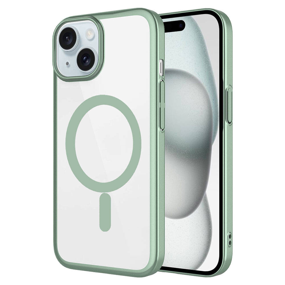 Apple iPhone 15 Plus Kılıf Wireless Şarj Özellikli Sert PC Zore Mat Riksos M-safe Kapak Yeşil