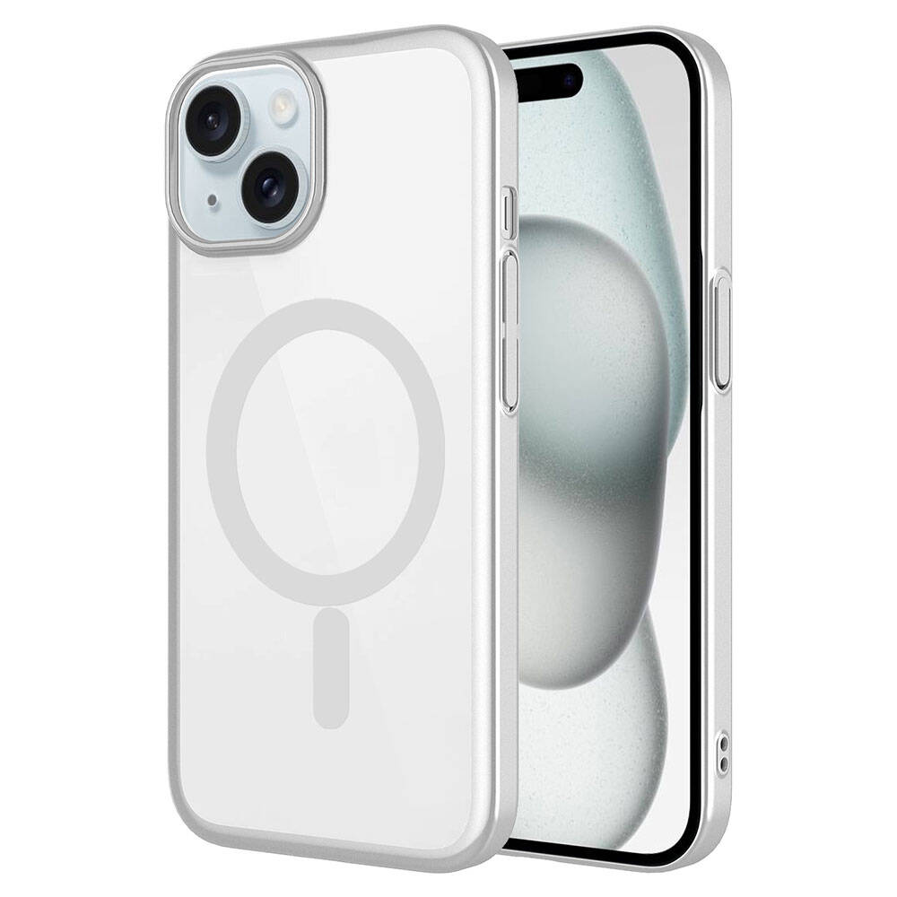 Apple iPhone 15 Plus Kılıf Wireless Şarj Özellikli Sert PC Zore Mat Riksos M-safe Kapak Gümüş