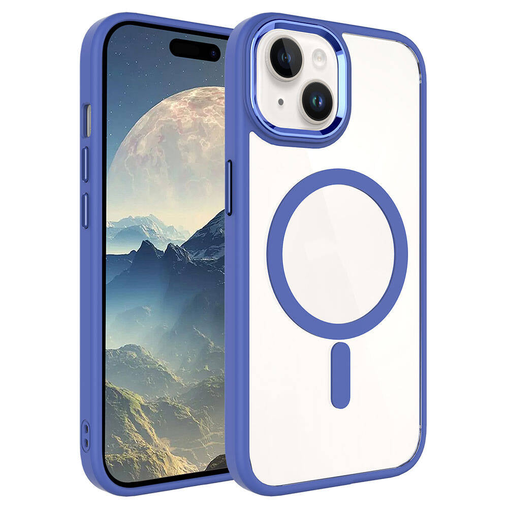 Apple iPhone 15 Plus Kılıf Wireless Şarj Özellikli Zore Krom M-safe Silikon Kapak Pembe Açık