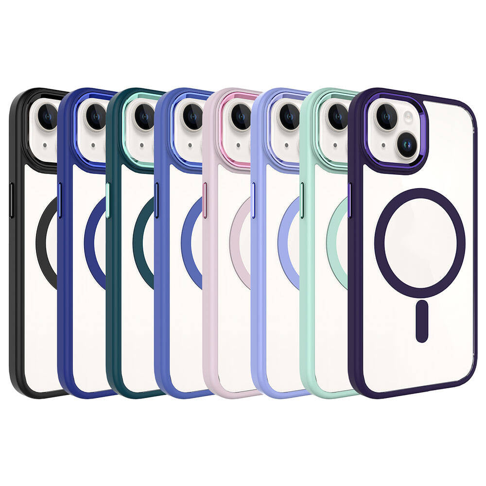 Apple iPhone 15 Plus Kılıf Wireless Şarj Özellikli Zore Krom M-safe Silikon Kapak Lila