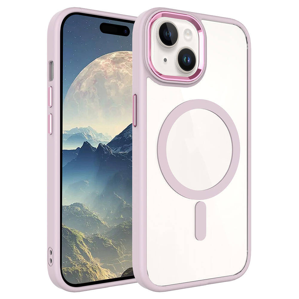 Apple iPhone 15 Plus Kılıf Wireless Şarj Özellikli Zore Krom M-safe Silikon Kapak Pembe Açık