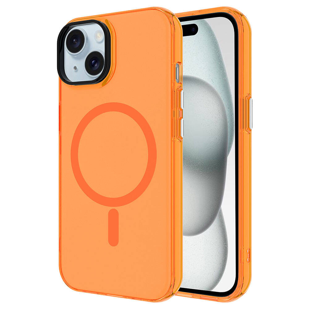 Apple iPhone 15 Plus Kılıf Zore M-safe Şarj Özellikli Buzlu Transparan C-Pro Sert Kapak Turuncu