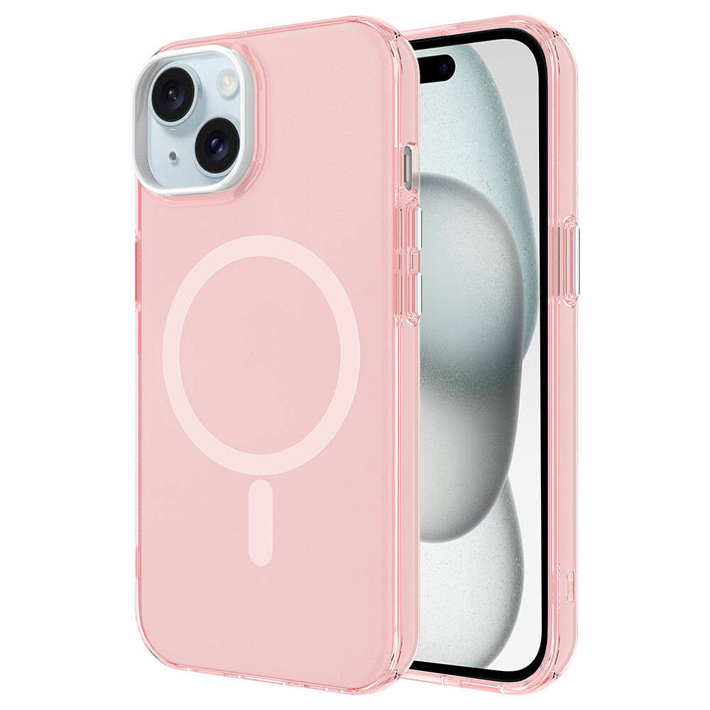 Apple iPhone 15 Plus Kılıf Zore M-safe Şarj Özellikli Buzlu Transparan C-Pro Sert Kapak Pembe
