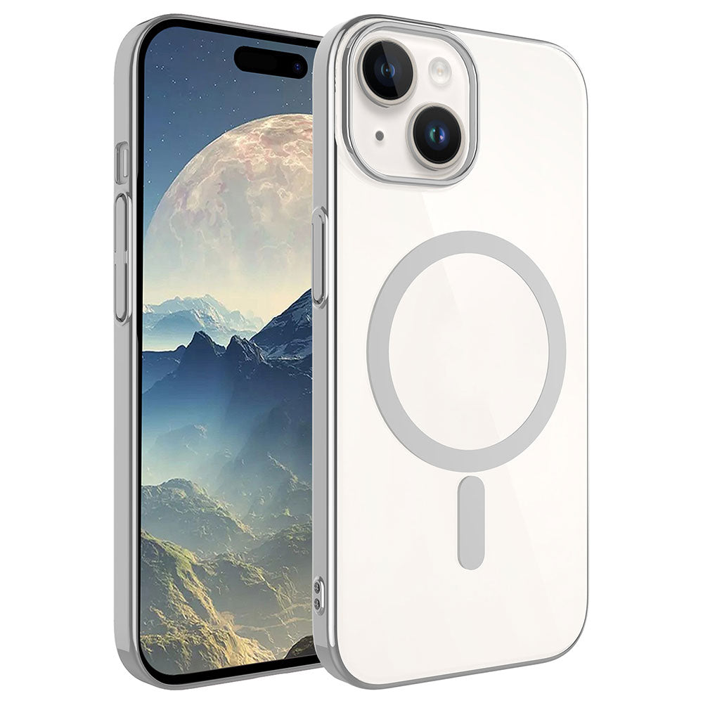 Apple iPhone 15 Plus Kılıf Zore Wireless Şarj Özellikli Pixel M-safe Kapak Gümüş