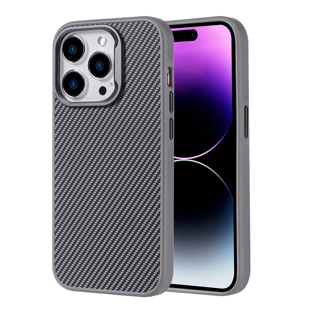 Apple iPhone 15 Pro Kılıf M-safe Şarj Özellikli Karbon Fiber Görünümlü Zore Troy Kapak Gümüş