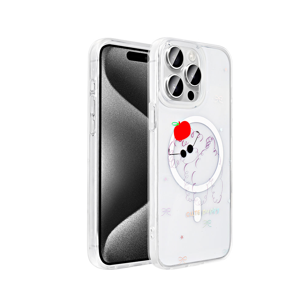 Apple iPhone 15 Pro Kılıf M-Safe Şarj Özellikli Şeffaf Zore Folk Sert Kapak Sevimli Köpek
