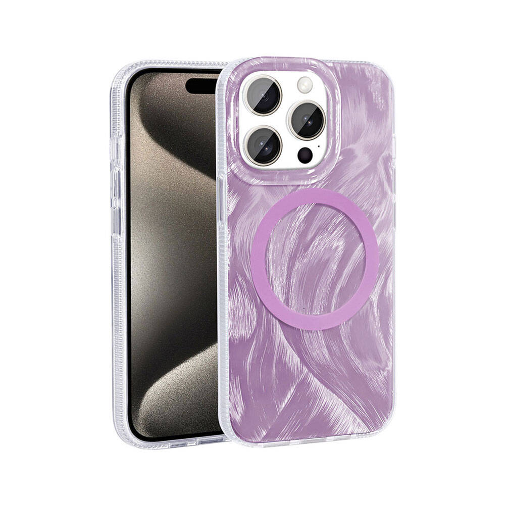 Apple iPhone 15 Pro Kılıf M-safe Şarj Özellikli Fırça Boya Desenli Zore Palet Kapak Gri