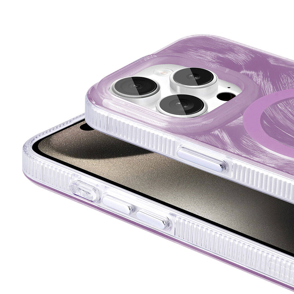 Apple iPhone 15 Pro Kılıf M-safe Şarj Özellikli Fırça Boya Desenli Zore Palet Kapak Gri