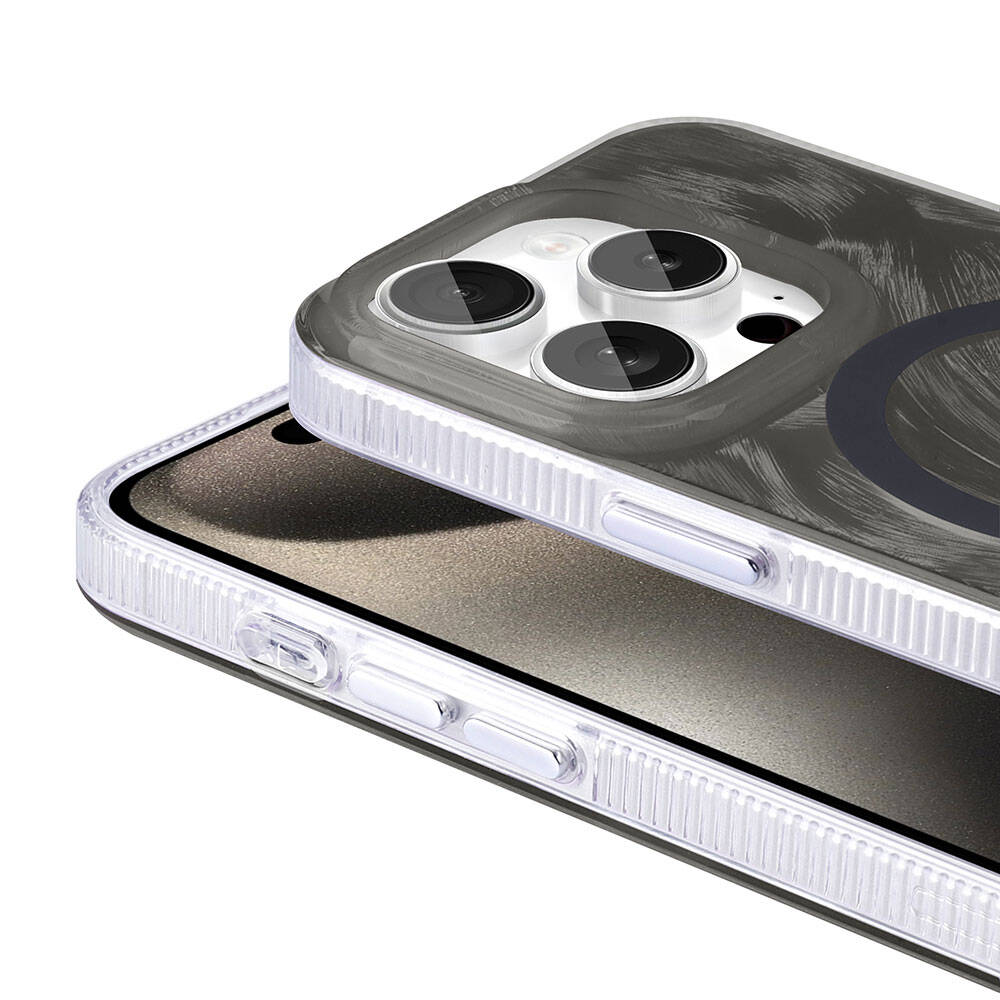 Apple iPhone 15 Pro Kılıf M-safe Şarj Özellikli Fırça Boya Desenli Zore Palet Kapak Gri
