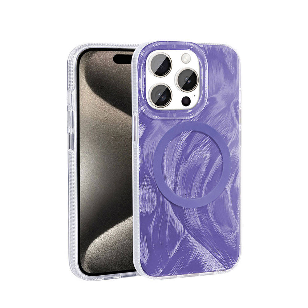Apple iPhone 15 Pro Kılıf M-safe Şarj Özellikli Fırça Boya Desenli Zore Palet Kapak Gri