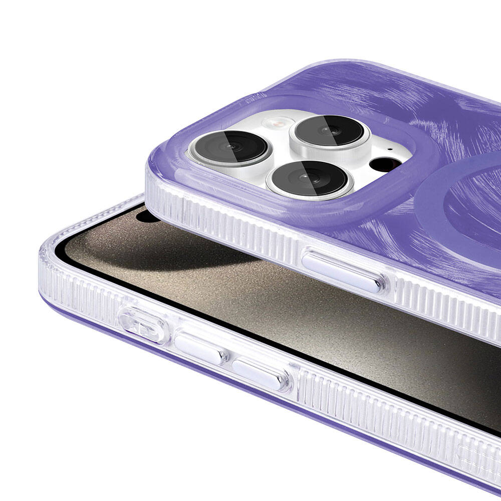 Apple iPhone 15 Pro Kılıf M-safe Şarj Özellikli Fırça Boya Desenli Zore Palet Kapak Pembe