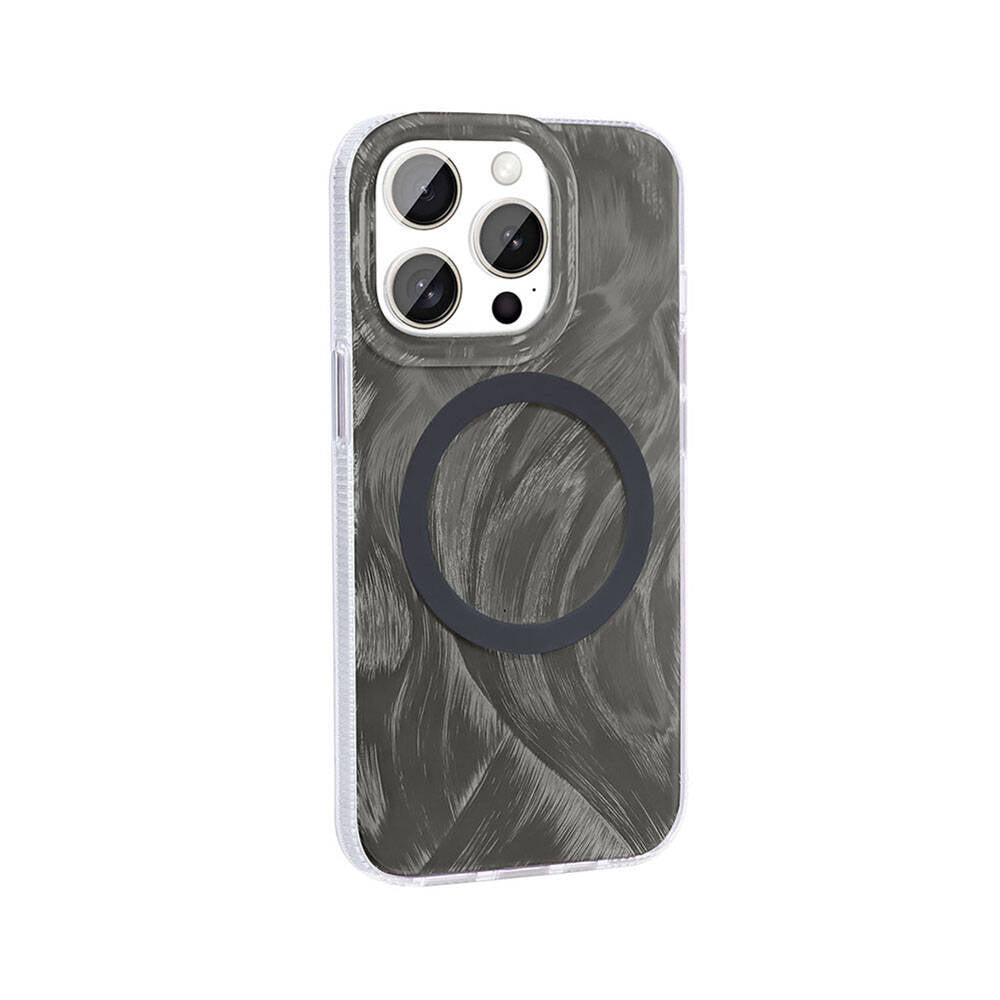 Apple iPhone 15 Pro Kılıf M-safe Şarj Özellikli Fırça Boya Desenli Zore Palet Kapak Gri