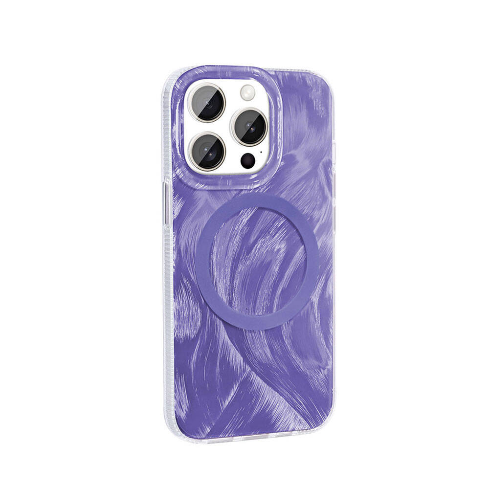 Apple iPhone 15 Pro Kılıf M-safe Şarj Özellikli Fırça Boya Desenli Zore Palet Kapak Mor