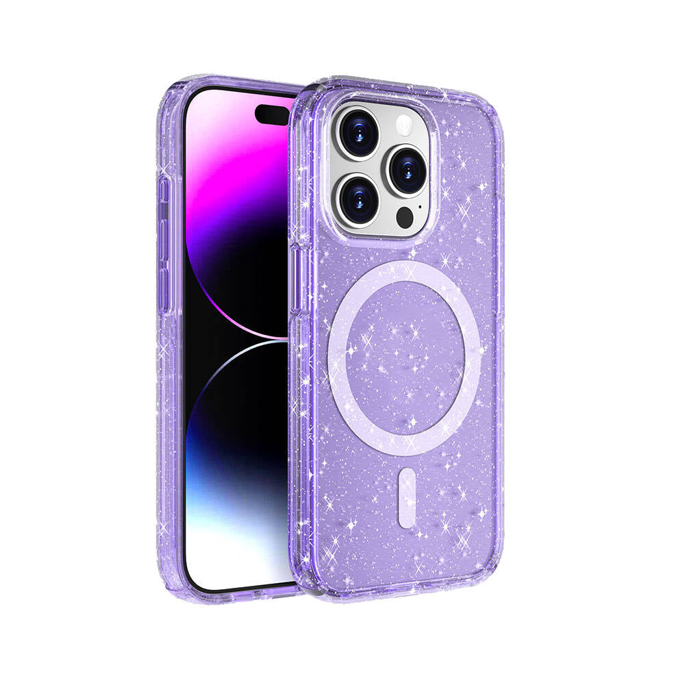 Apple iPhone 15 Pro Kılıf M-safe Şarj Özellikli Parlayan Simli Saydam Renkli Zore Allstar Kapak Pembe