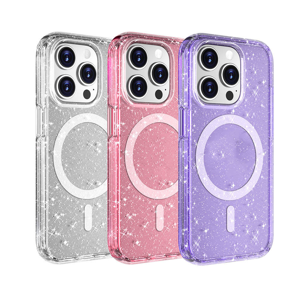 Apple iPhone 15 Pro Kılıf M-safe Şarj Özellikli Parlayan Simli Saydam Renkli Zore Allstar Kapak Mor