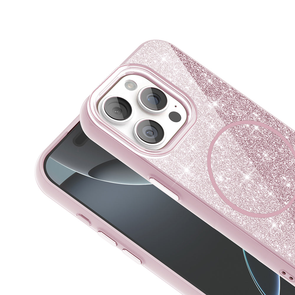 Apple iPhone 15 Pro Kılıf M-safe Şarj Özellikli Parlayan Simli Zore Okso Kapak Gold