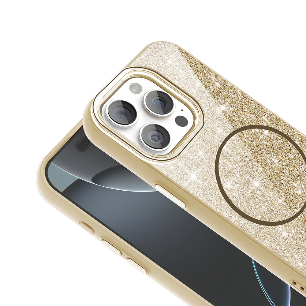Apple iPhone 15 Pro Kılıf M-safe Şarj Özellikli Parlayan Simli Zore Okso Kapak Gold
