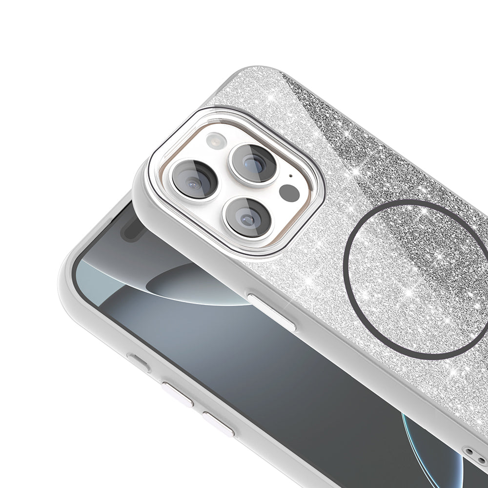 Apple iPhone 15 Pro Kılıf M-safe Şarj Özellikli Parlayan Simli Zore Okso Kapak Beyaz