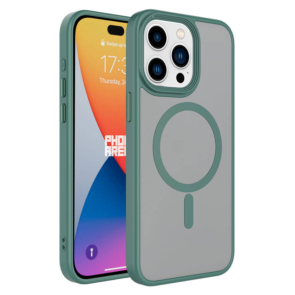 Apple iPhone 15 Pro Kılıf Mat Arka Yüzey Wireless Şarj Özellikli Zore Flet M-safe Kapak Yeşil