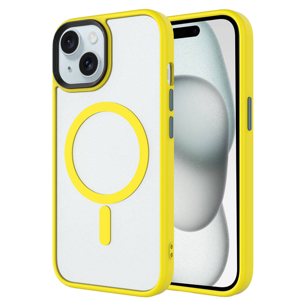 Apple iPhone 15 Pro Kılıf Mat Arka Yüzey Wireless Şarj Özellikli Zore Flet M-safe Kapak Sarı