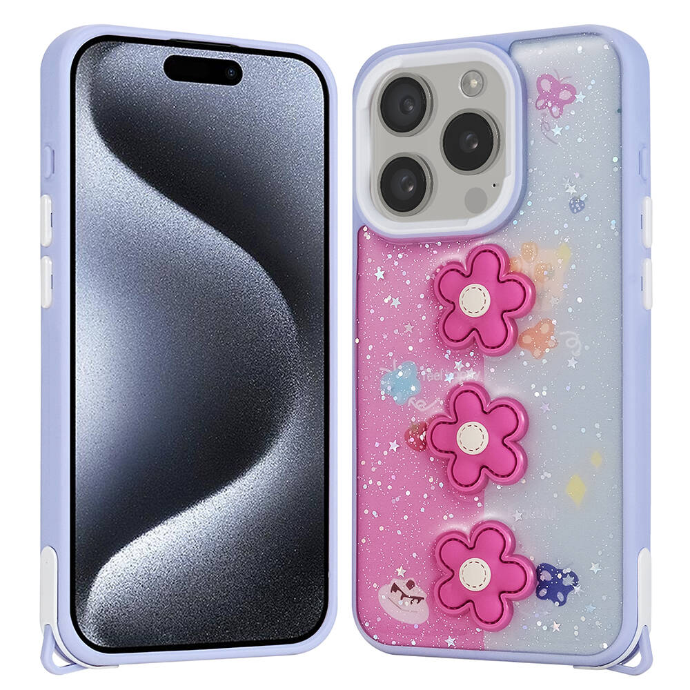 Apple iPhone 15 Pro Kılıf Parlayan Simli Kabartma Figürlü Zore Cevze Kapak Mor Ayı