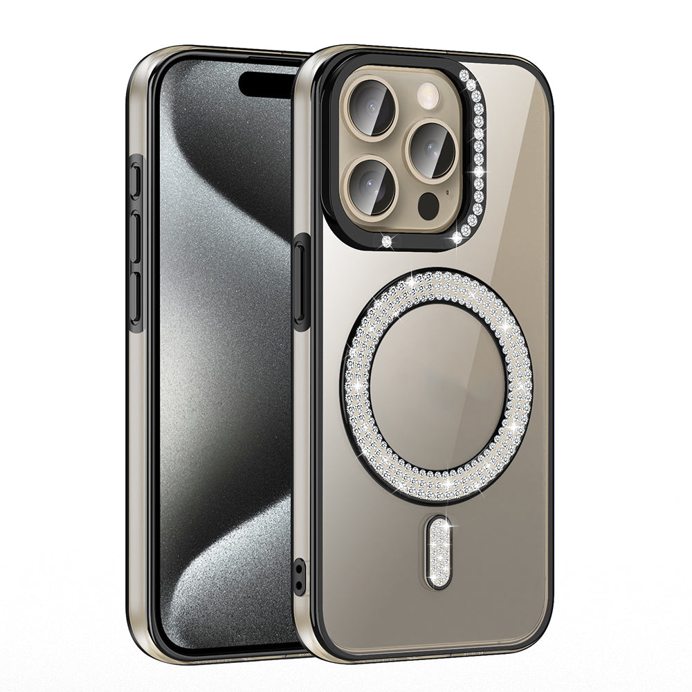 Apple iPhone 15 Pro Kılıf Pırlanta Taş Tasarımlı M-safe Şarj Özellikli Zore Karetta Silikon Kapak Mor