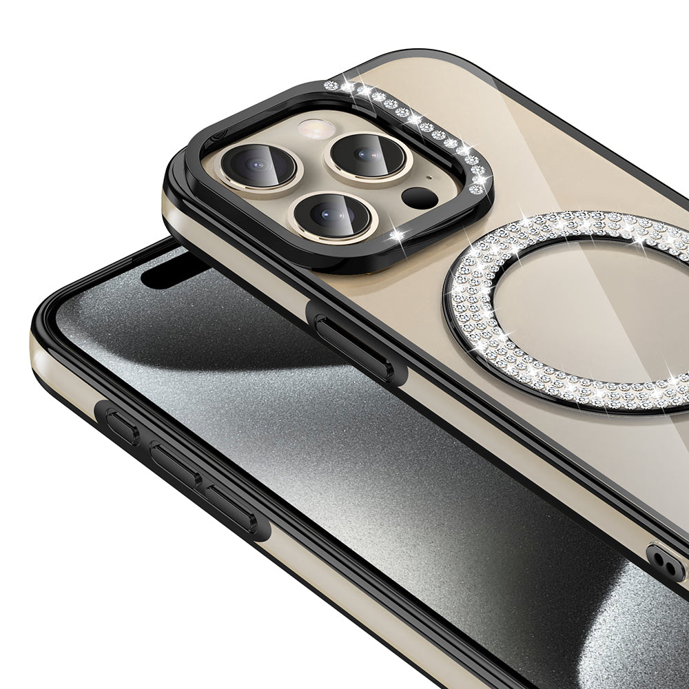Apple iPhone 15 Pro Kılıf Pırlanta Taş Tasarımlı M-safe Şarj Özellikli Zore Karetta Silikon Kapak Mor