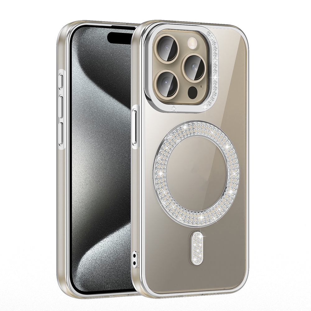 Apple iPhone 15 Pro Kılıf Pırlanta Taş Tasarımlı M-safe Şarj Özellikli Zore Karetta Silikon Kapak Mor