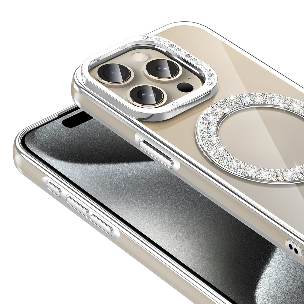 Apple iPhone 15 Pro Kılıf Pırlanta Taş Tasarımlı M-safe Şarj Özellikli Zore Karetta Silikon Kapak Mor