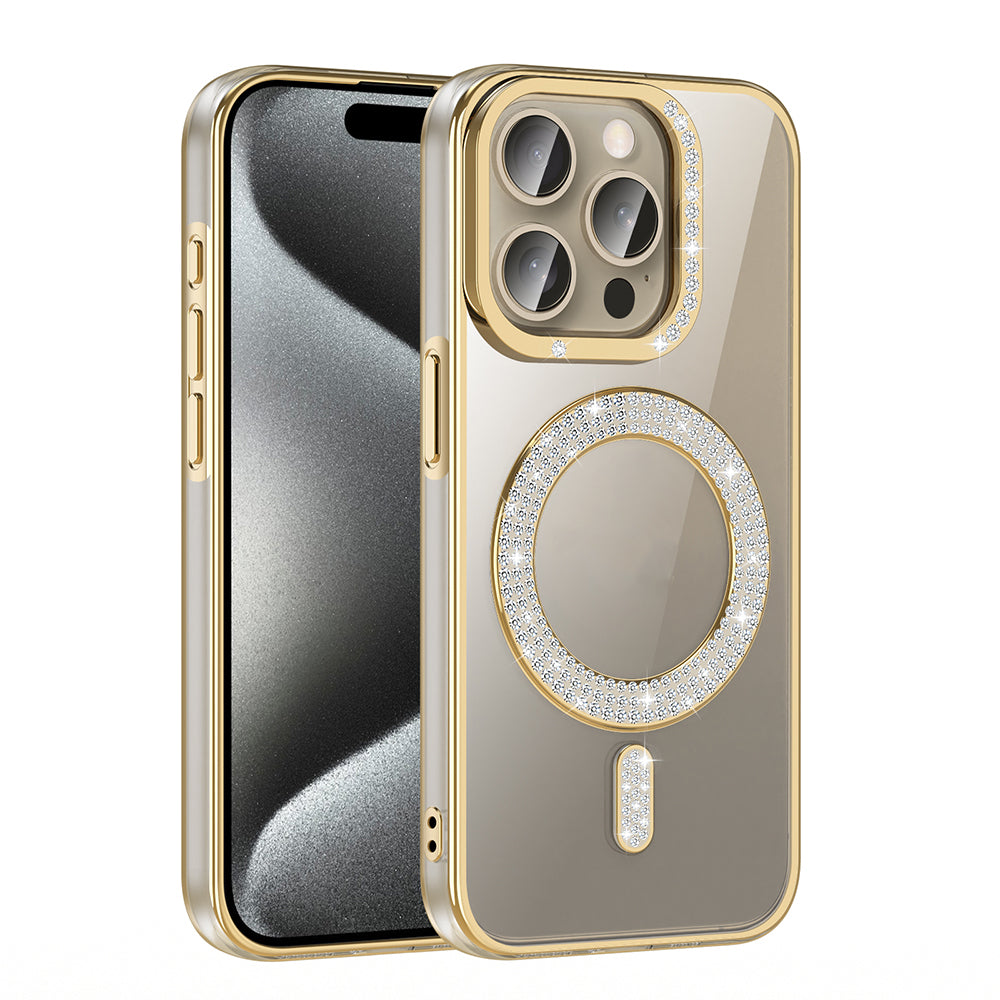 Apple iPhone 15 Pro Kılıf Pırlanta Taş Tasarımlı M-safe Şarj Özellikli Zore Karetta Silikon Kapak Siyah
