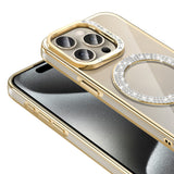 Apple iPhone 15 Pro Kılıf Pırlanta Taş Tasarımlı M-safe Şarj Özellikli Zore Karetta Silikon Kapak Mor