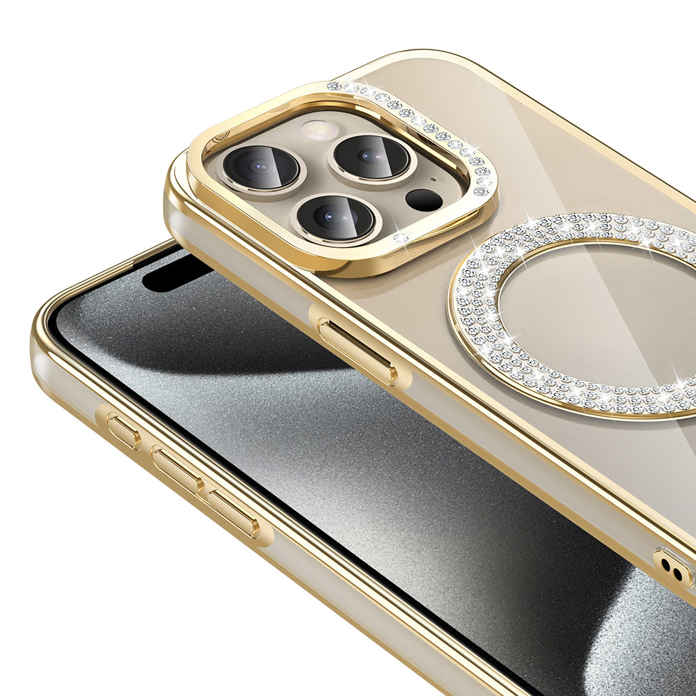 Apple iPhone 15 Pro Kılıf Pırlanta Taş Tasarımlı M-safe Şarj Özellikli Zore Karetta Silikon Kapak Mor