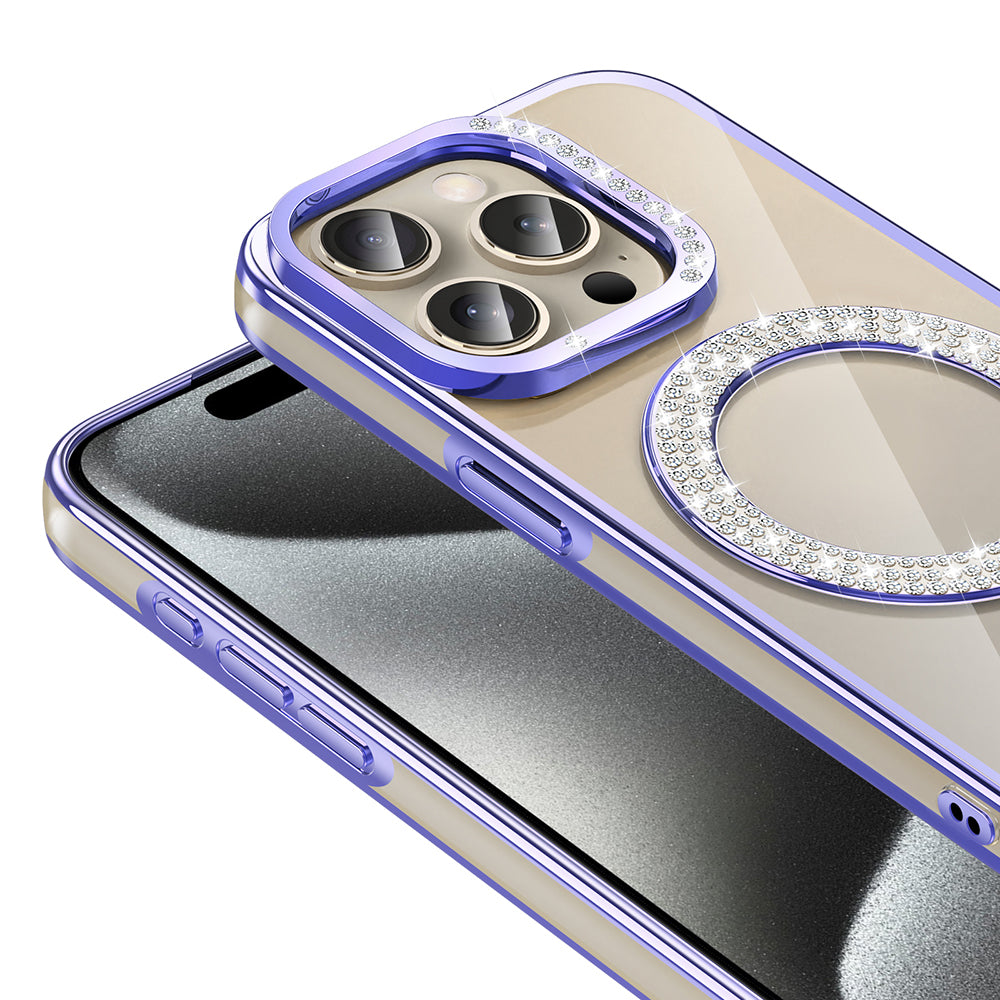 Apple iPhone 15 Pro Kılıf Pırlanta Taş Tasarımlı M-safe Şarj Özellikli Zore Karetta Silikon Kapak Mor