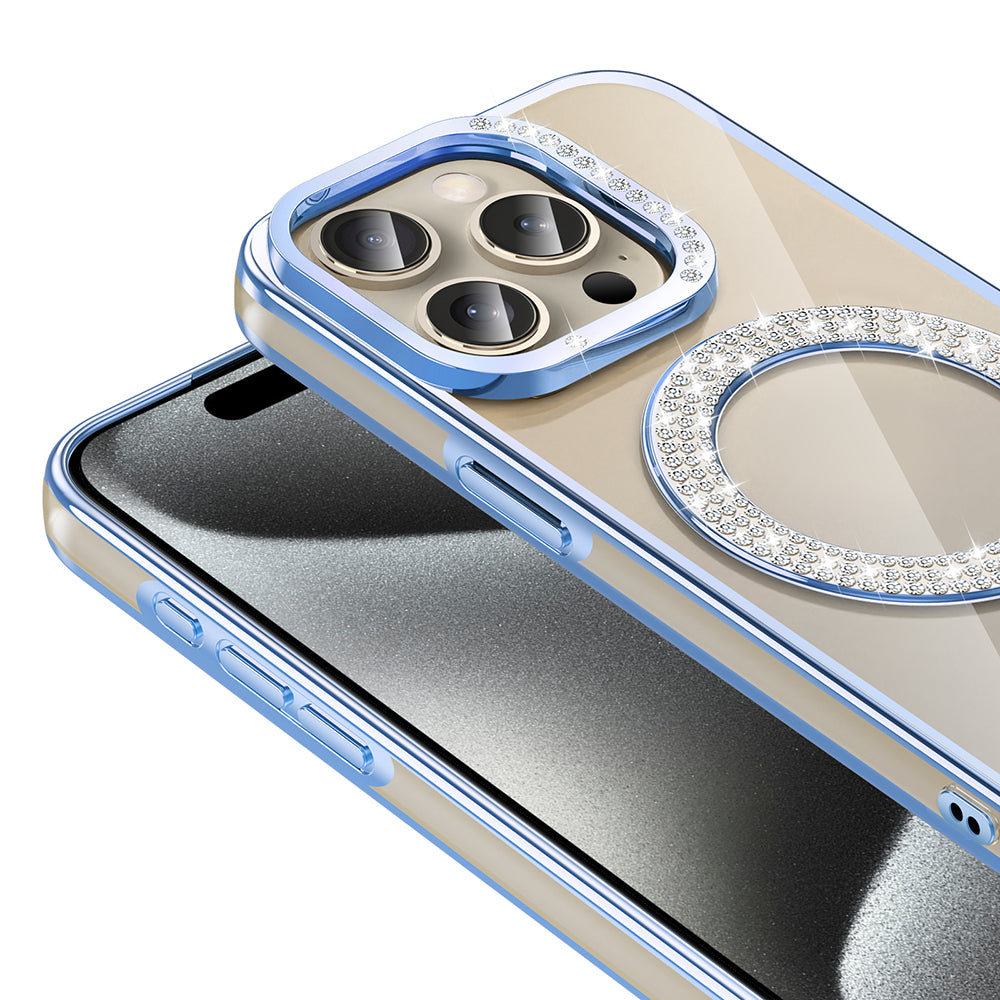 Apple iPhone 15 Pro Kılıf Pırlanta Taş Tasarımlı M-safe Şarj Özellikli Zore Karetta Silikon Kapak Mor