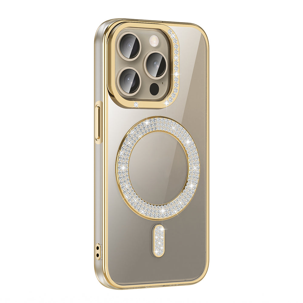 Apple iPhone 15 Pro Kılıf Pırlanta Taş Tasarımlı M-safe Şarj Özellikli Zore Karetta Silikon Kapak Gold